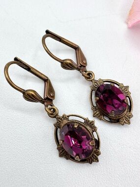 Sadie Green Purple Crystal Earrings Victorian Revival Feminine Romantic Gothic